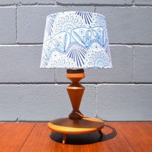 Mid Century Timber Tripod Lamp with Blue Pattern Shade (Circa 1970s)
