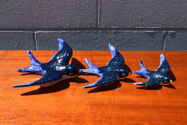 Set of Three Ceramic Flying Blue Swallows
